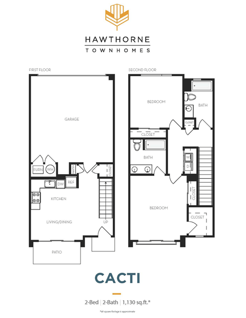 A floor plan for a two-bedroom, two-bathroom apartment with a living/dining room and a patio.